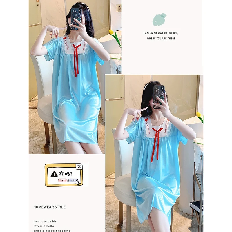 2 Pcs/Lot New Summer Ladies Short Sleeve Nightdress Noble Fashion Pajamas Cute Ice Silk Ladies Homewear Size M L XL XXL XXXL 4XL