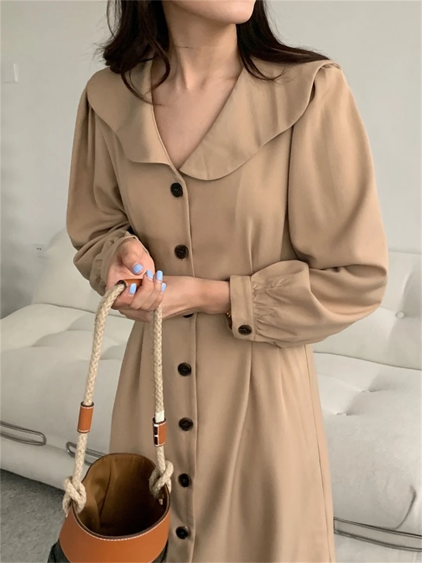 

HziriP Khaki Work Wear Hot Long Dress Slim-Fit Women Close Waist Spring 2022 Office Lady Puff Sleeves Prom Chic OL Mujer