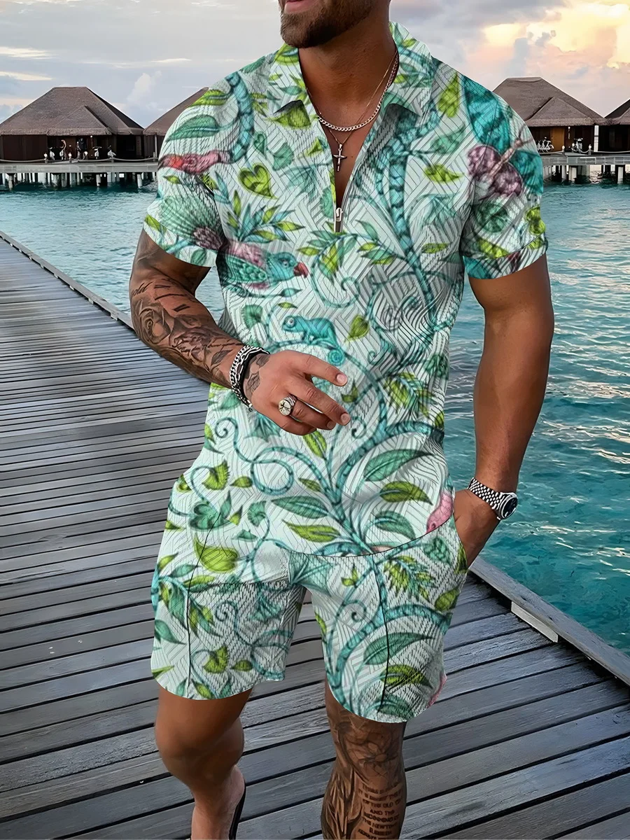 Summer Men Short-sleeved Polo Shirt Beach Shorts 3D Printed Zip-Collar Sports 2-piece Set High Quality Casual Fashion Polo Shirt