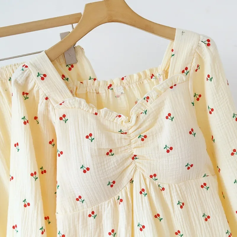 Пижамный комплект с длинным рукавом пуловер V-образным вырезом Женская марлевая