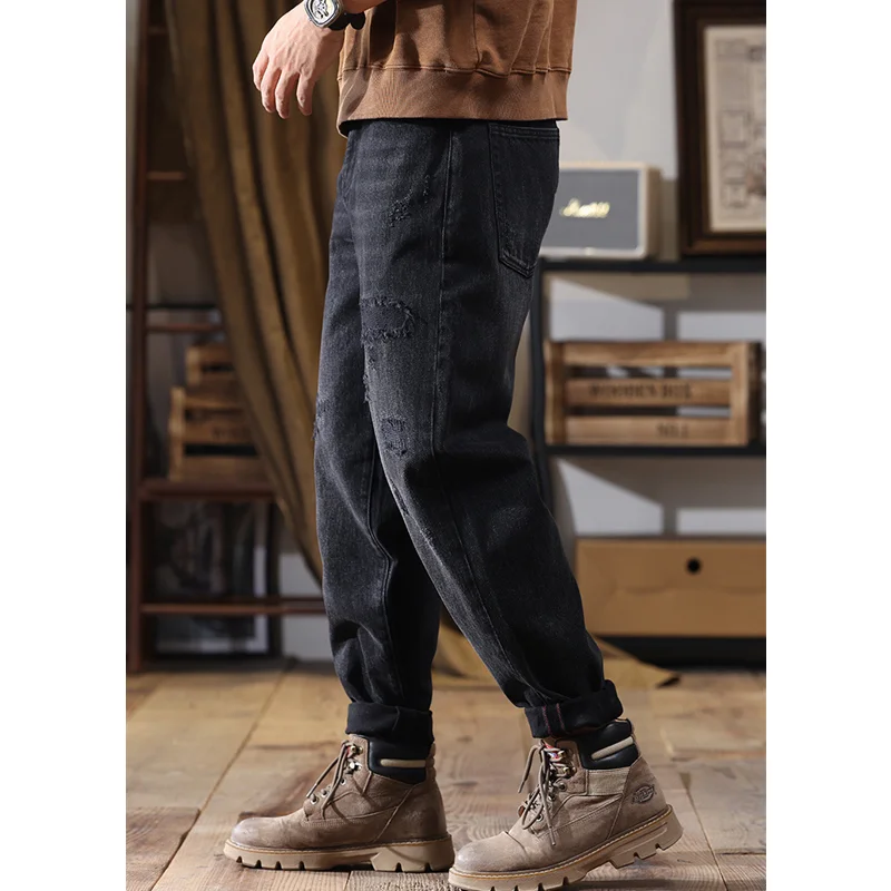 Streetwear Men Autumn and Winter New Straight Loose Cylinder Jeans Vintage Chaopai Large Comfortable Black Harun Trousers Female
