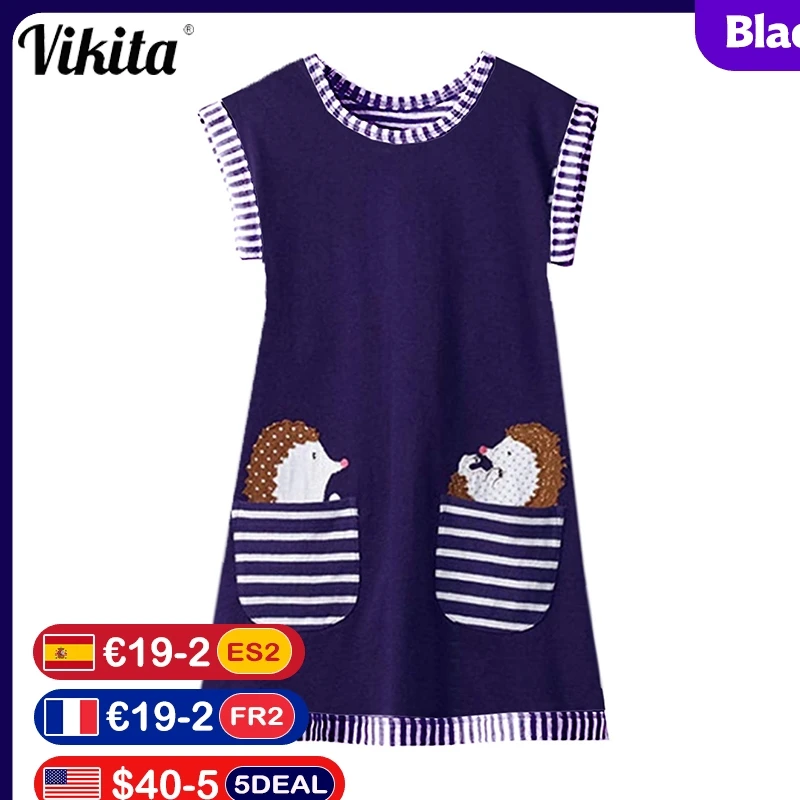 

VIKITA Baby Girls Summer Clothes Hedgehog Appliqued Cotton Dress with Pockets Toddlers Casual Dresses for Kids 3 to 8 Years