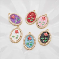 julie wang 6pcs enamel rose charms with fake pearl oval flower alloy pendant bracelet earrings jewelry making accessory
