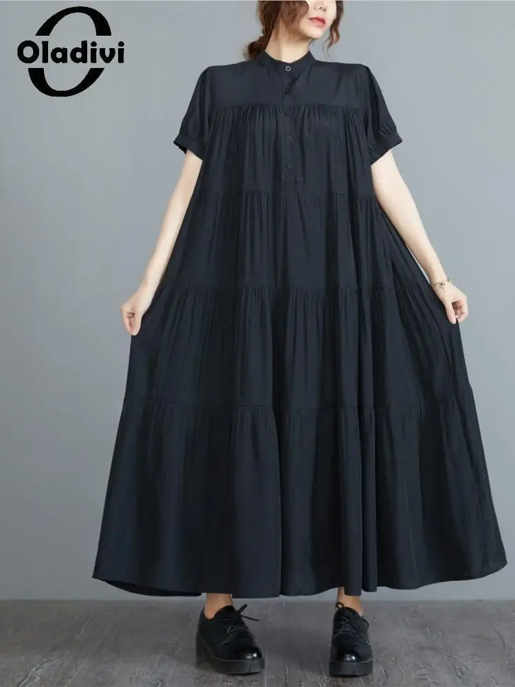 

Oladivi Fashion Women Summer Short Sleeve Black Dress Large Size Clothing Elegant Ladies Casual Long Tunic Dresses Robe 6328 4XL