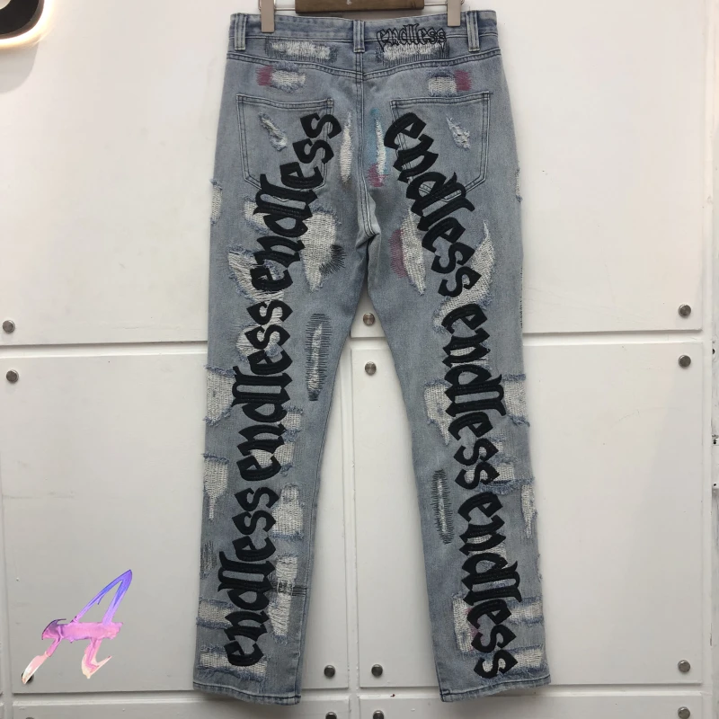 Hip-Hop Distressed Denim Jean Men Women Top Quality Streetwear Black Fluorescent Green Letter Embroidery Denim Damage Hole Pants