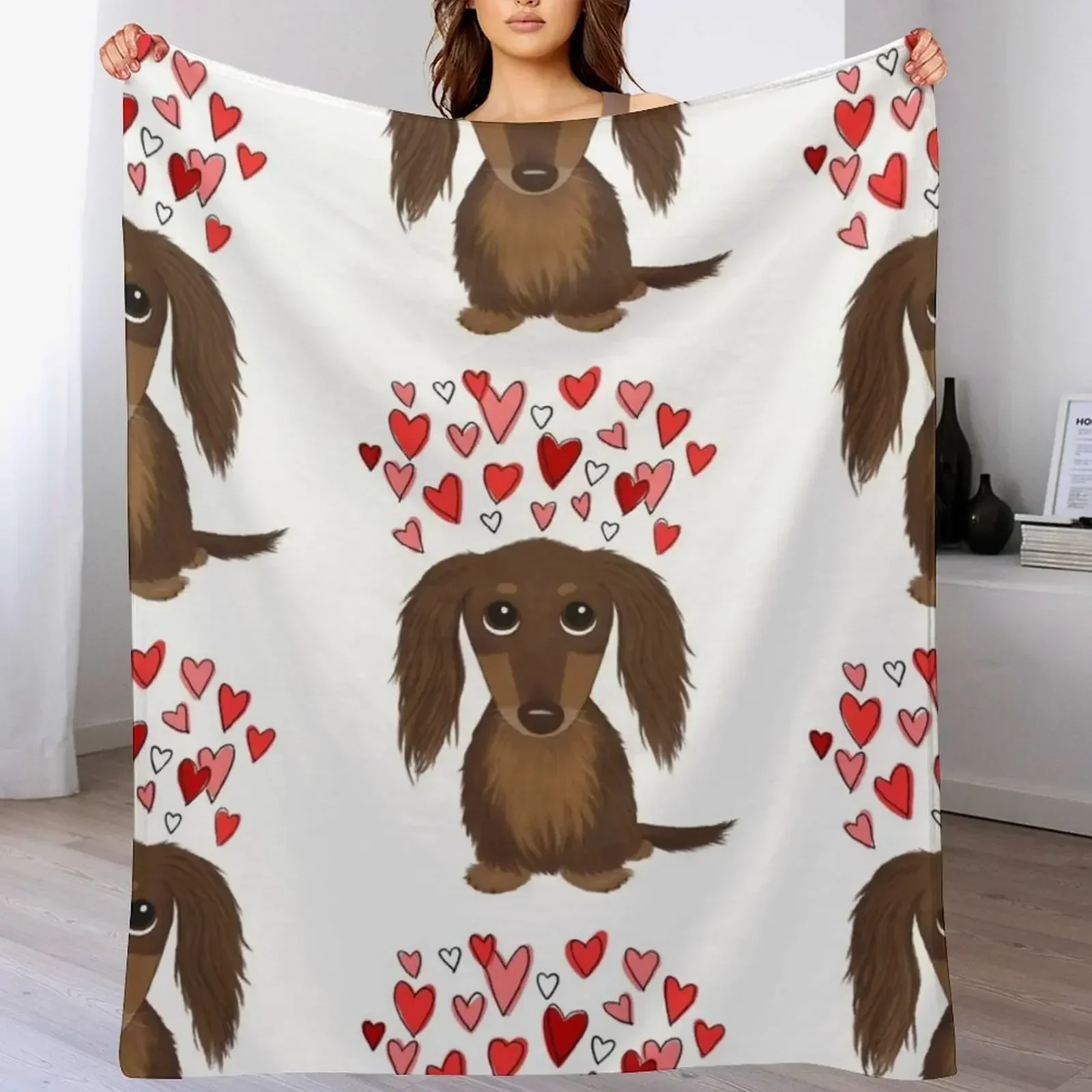 Длинношерстная шоколадная такса с сердечками мультяшная собака на День святого
