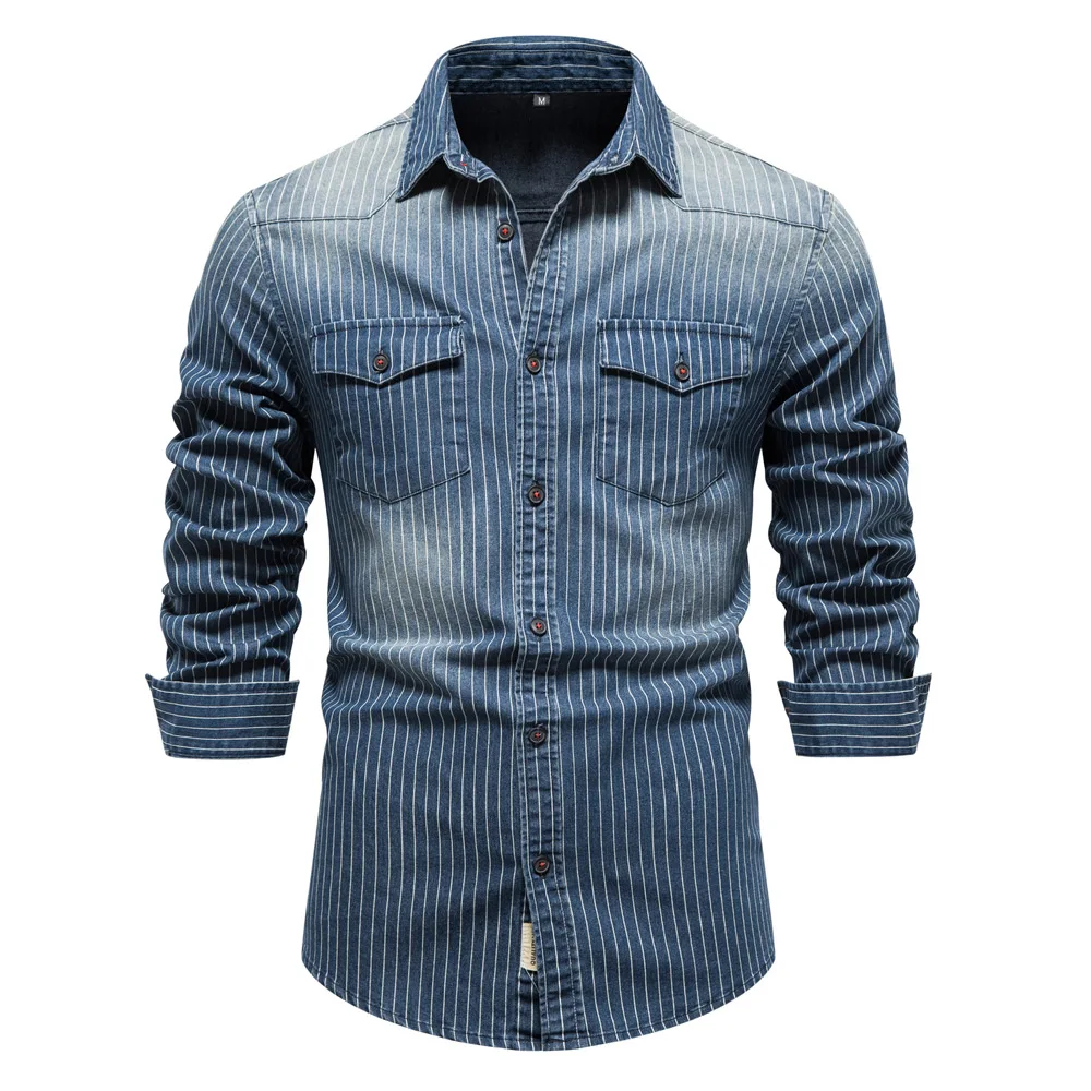 Eouw Fashion High Quality Cotton Industry Washed Distressed Striped Long Sleeve Denim Shirts Men Clothing Casual Streetwear