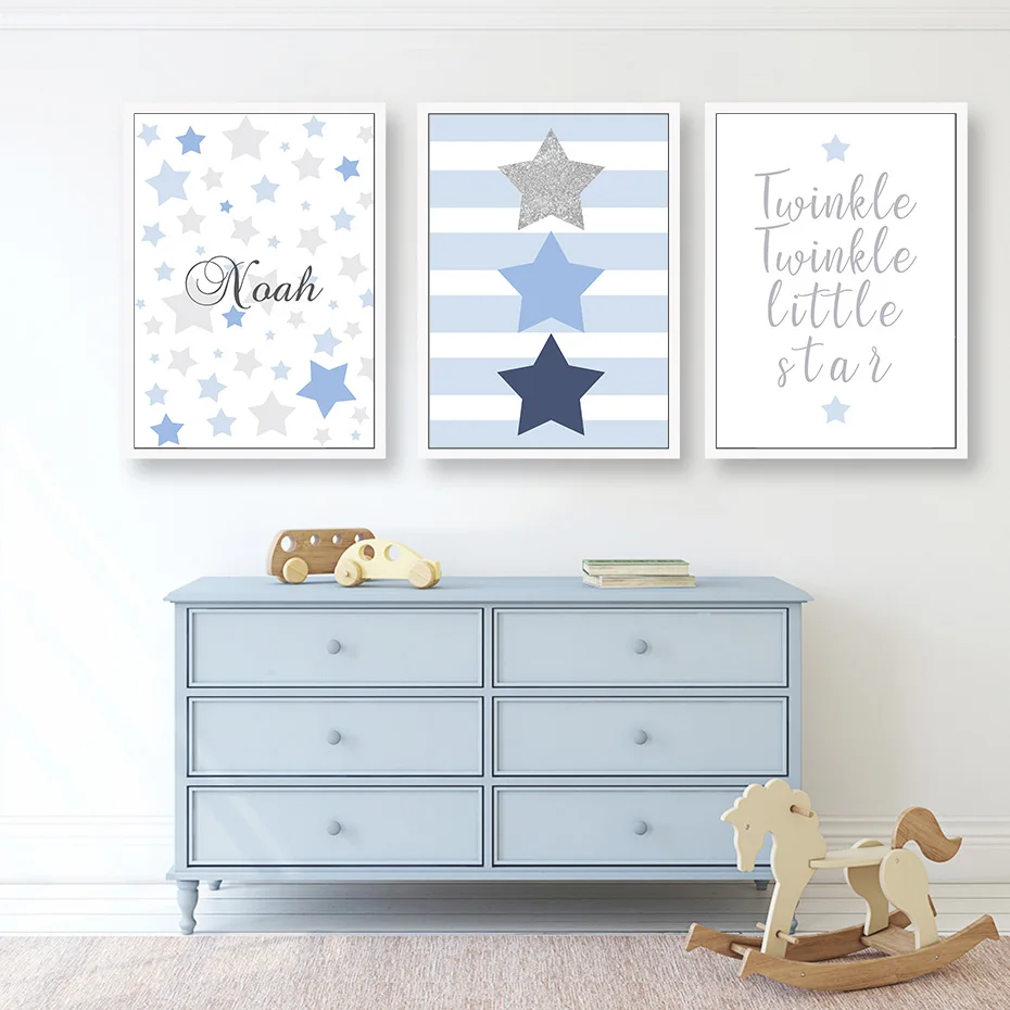 

Cartoon Baby Name Customization Stars Blue Posters Nursery Canvas Painting Wall Art Prints Pictures Kids Room Bedroom Decoration