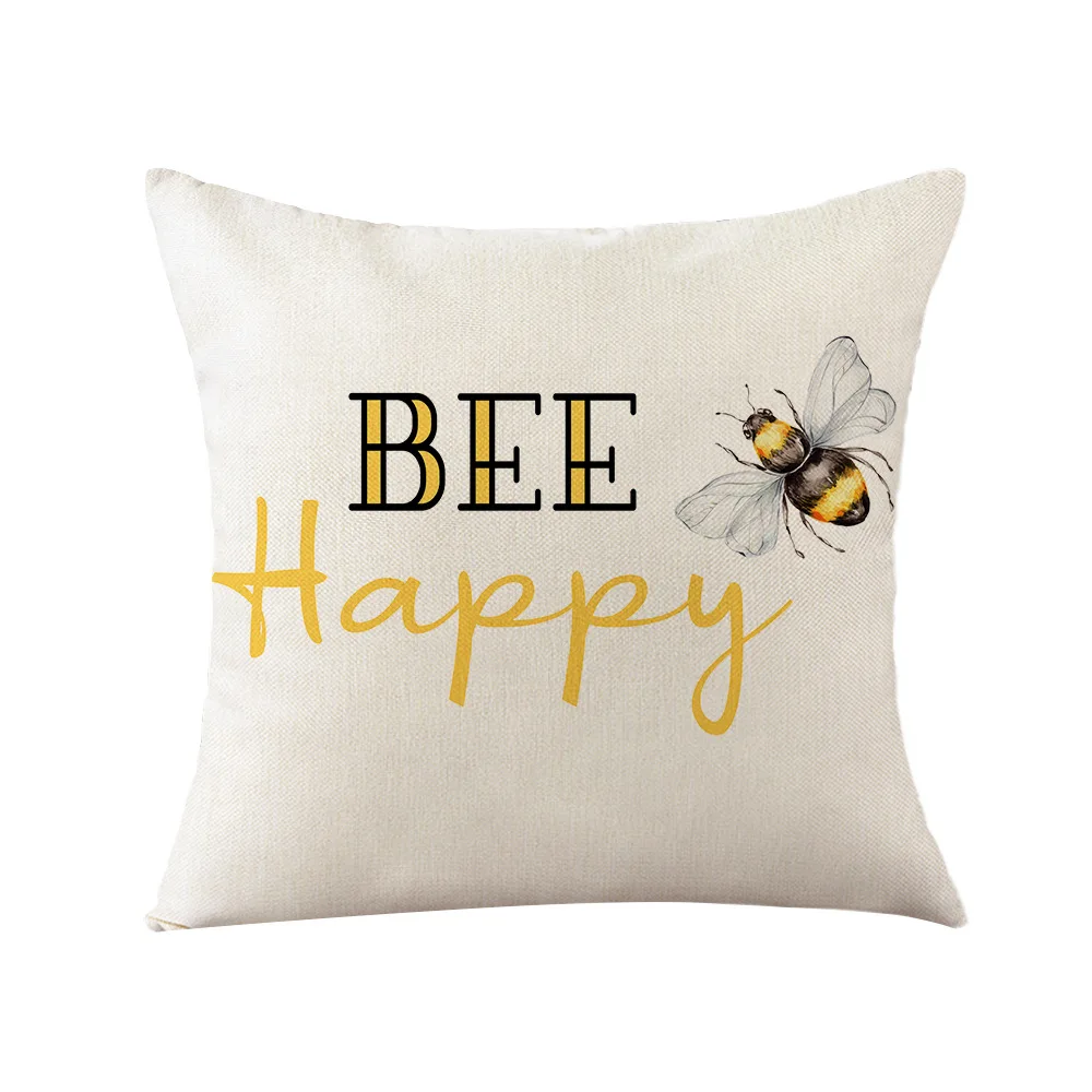 

Sunflower Bee Printed Cushion Cover Linen Pillow Case Summer Farmhouse Home Decor Pillow Cover