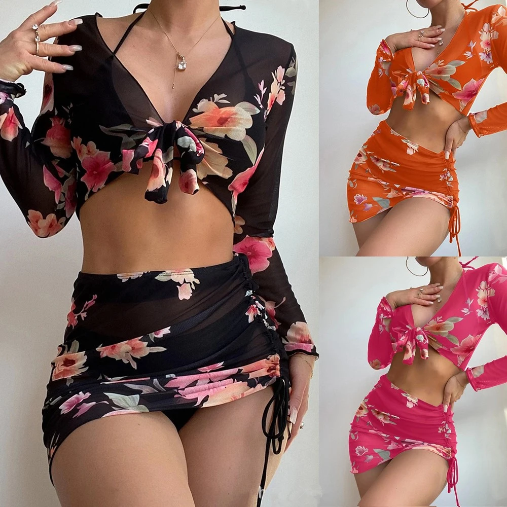 

2023 Sexy Bikini Set Print Underwire 4Pieces Swimsuit Women With Beach Skirt Micro Triangle Push Up Bikinis Cover Up Swimwear