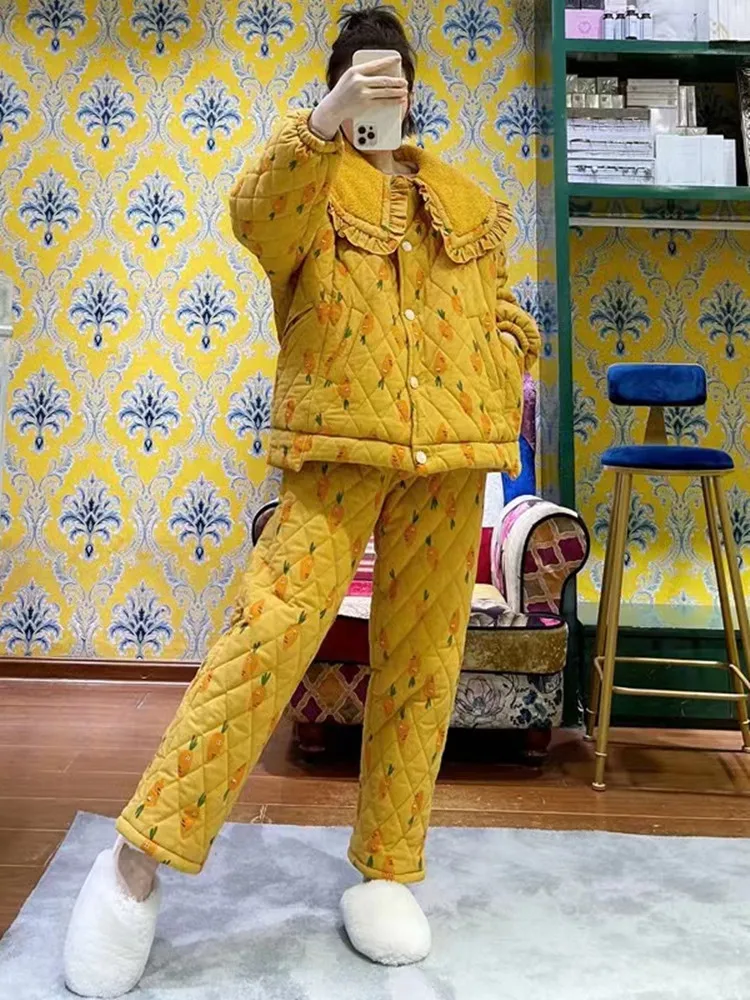 Зимние женские пижамы розового винограда с принтом свободные трехслойные