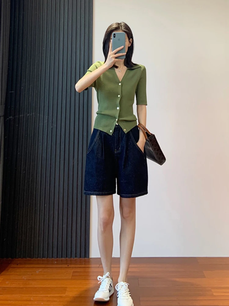 New Streetwear Women Wide Leg High Waist Retro Denim Shorts Spring Summer Female Button Loose Jeans Shorts Bottoms