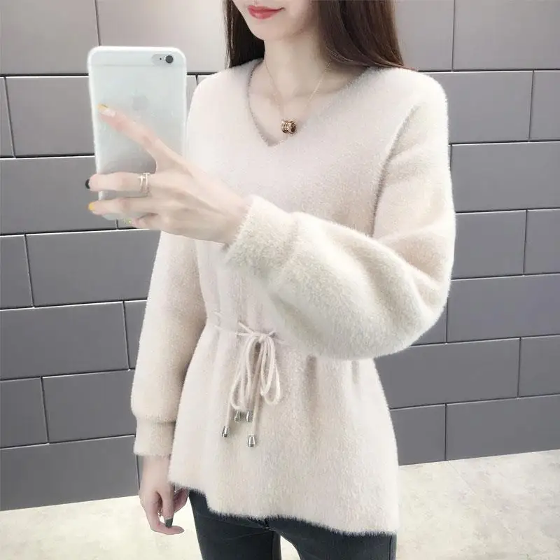 

2022 Autumn Winter New Sweaters Womens Imitation Mink Fleece Lazy Wind Sweater Women Lace-up Solid Color V-neck Pullover