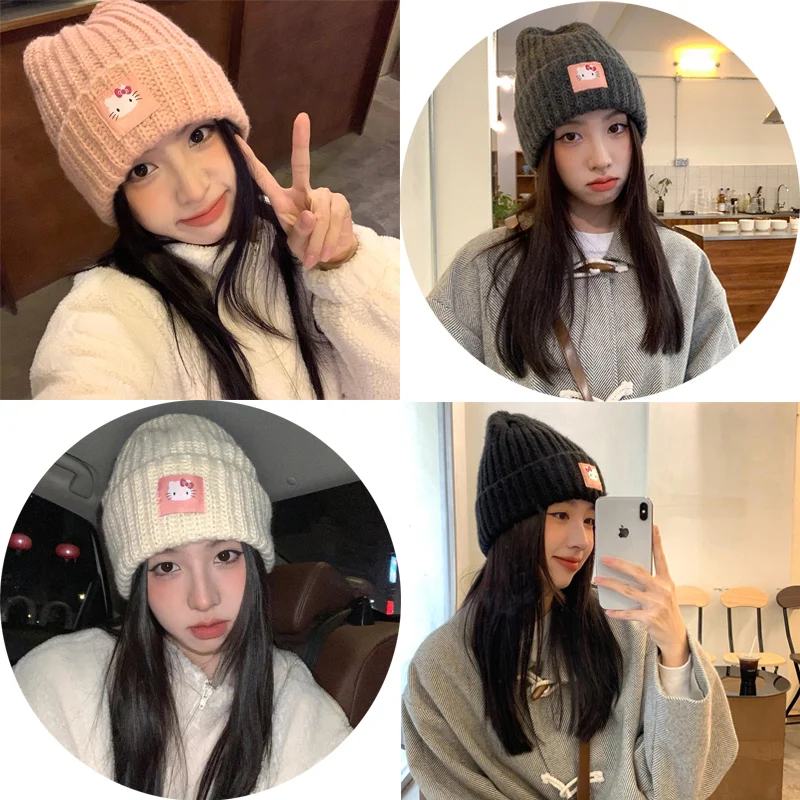 

Anime Hello Kitty Knitted Cap Sanrios Kawaii Kt Cat Warm Hat for Women Cartoon Cute Y2K Girl Wool Cap Winter Autumn Couple Gift