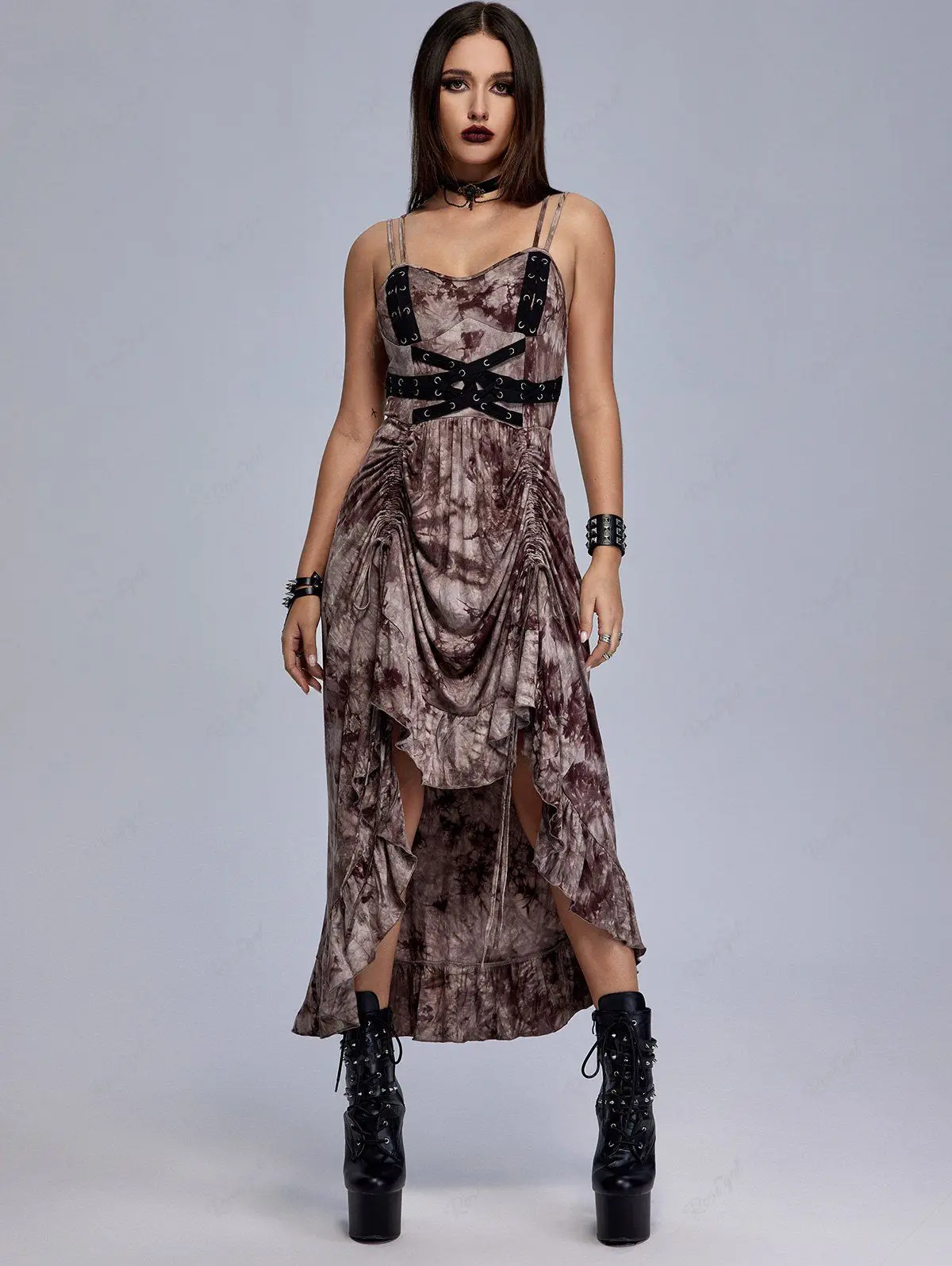 

Kenancy Gothic Steampunk Tie Dye Grommets Crisscross Ruffle Cinched Ruched Maxi Dress (Adjustable Straps)