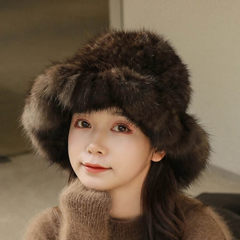 Women's Winter Hats 2023 Russia Real Sable Mink Fur Hat Basin Warm Winter Fashion Mink Bucket Hat Casual Elegant Hat S3013