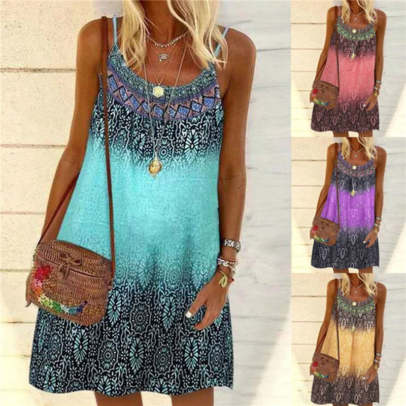 

Summer Bohemian Dress Women Vintage Printed Spaghetti Strap Sundress Lady Casual Loose Sleeveless Mini Beach Dress 2022