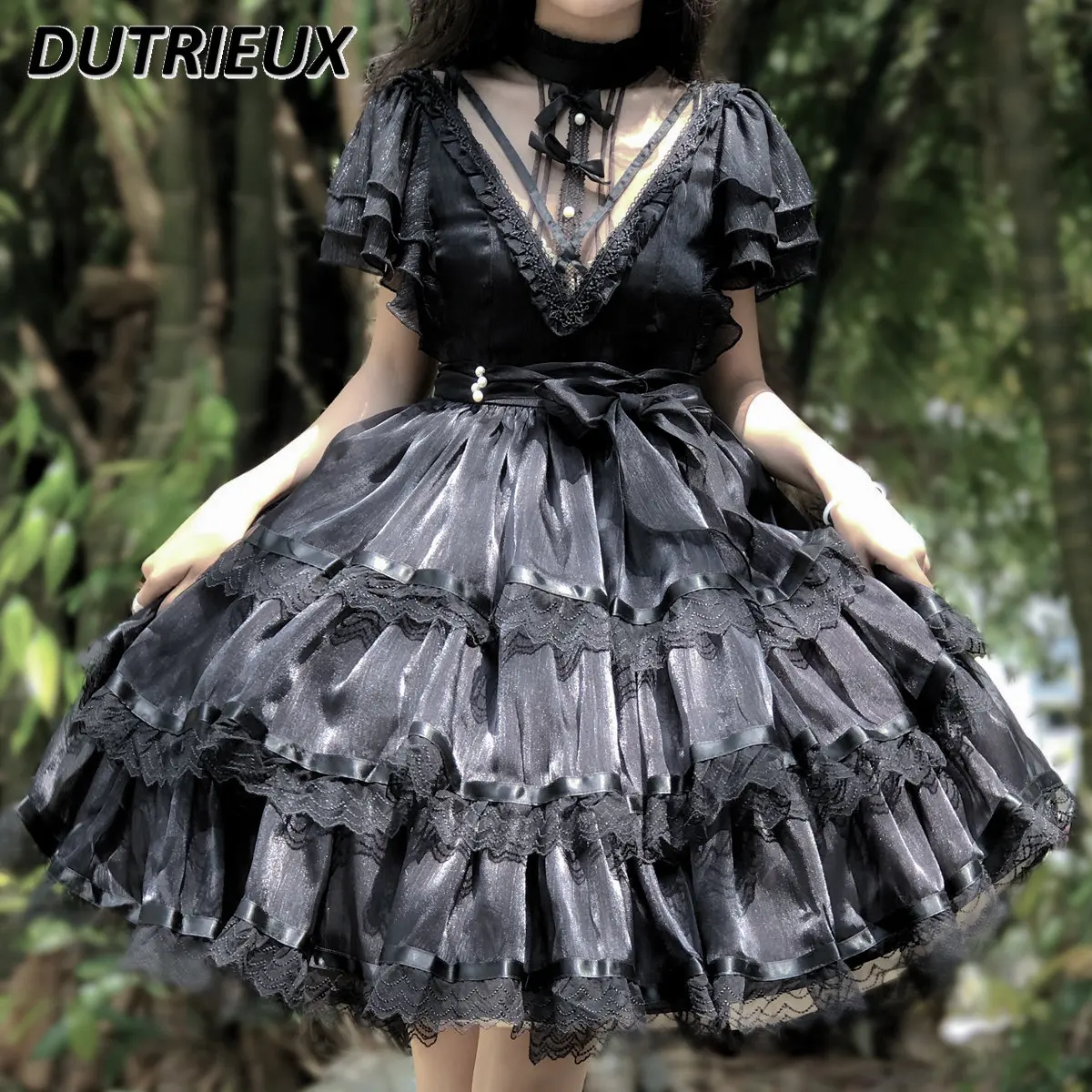 Sweet Girl Stand Collar Short Sleeve High Waist Mid-length Dress Original Lolita Elegant Daily French Lolita Dressss for Women