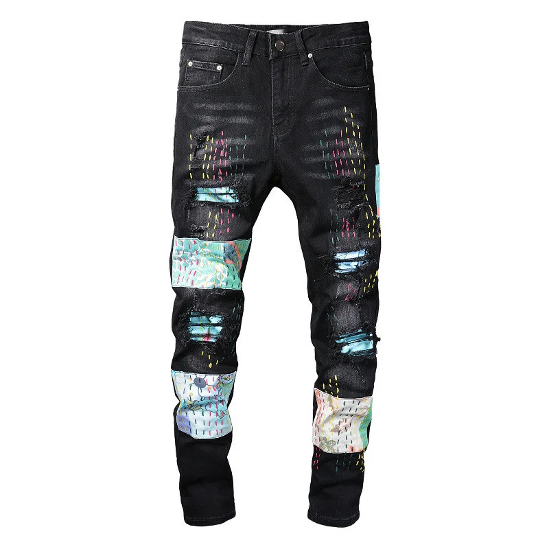 Men Fashion Brand Design Jeans Pants With Patches Hi Street Destroyed Denim Trousers Slim Fit Streetwear Bottoms Big Size 28-40