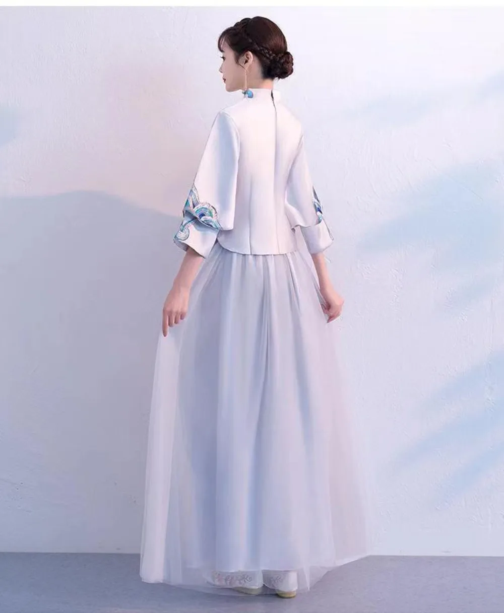 Женское вышитое платье в китайском стиле с длинным рукавом и воротником-стойкой