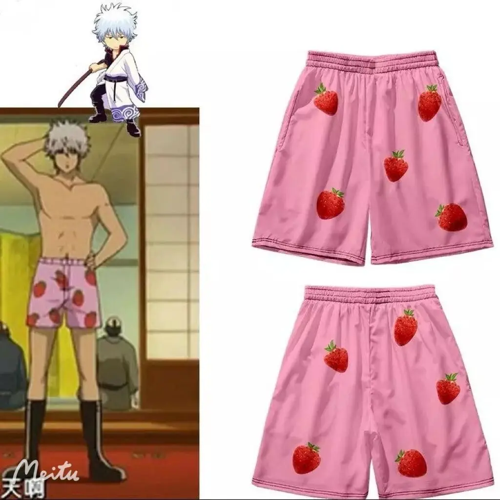 

Sakata Gintoki Beach Shorts Sakata Gintoki Cosplay Costume Pink Strawberry Shorts Home Sports Short Pants Summer Cartoon Pants