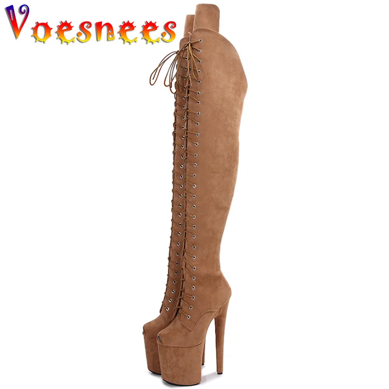 Женские сапоги выше колена на платформе 20 см фетиш черные замшевые с открытым