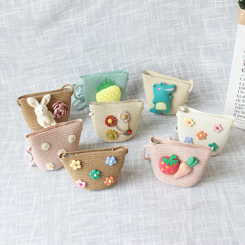 Lovely Girls Small Coin Purse Summer Handbags Children's Mini Shoulder Bags Princess Wallet Baby Kids Straw Woven Crossbody Bag