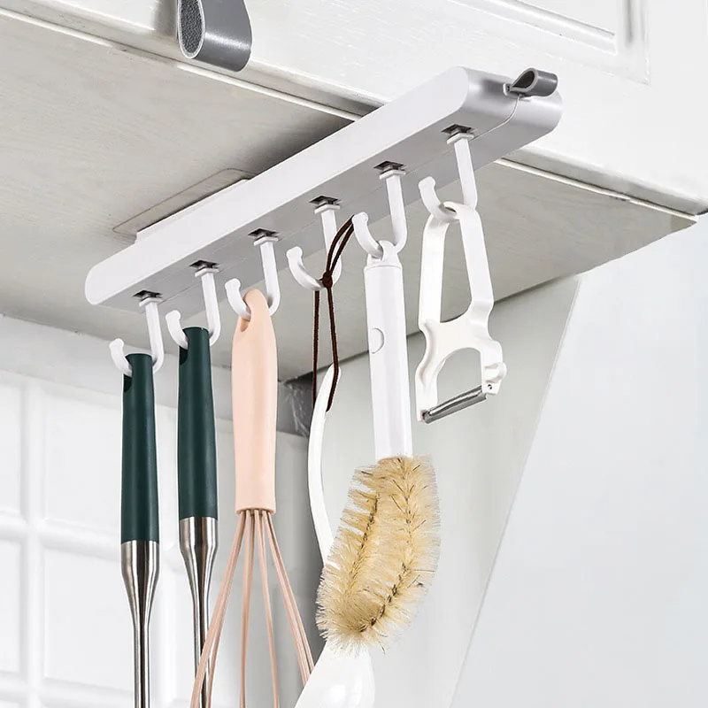 

Under The Cabinet Wall Hanging Retractable Pull-out 6-hook Kitchen Non-punching Kitchen Utensils Storage Rack