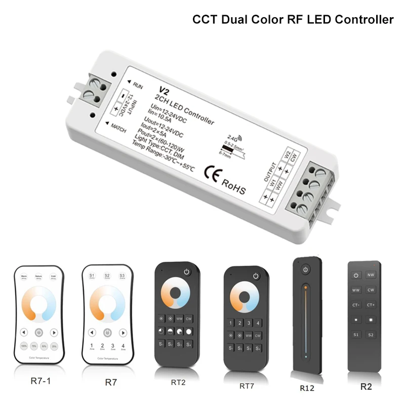 

V2 DC12V 24V LED Controller 2CH 10A 2.4G Wireless Remote Control RF LED Dimmer for 5050 3858 COB CCT WW/CW LED Strip Light