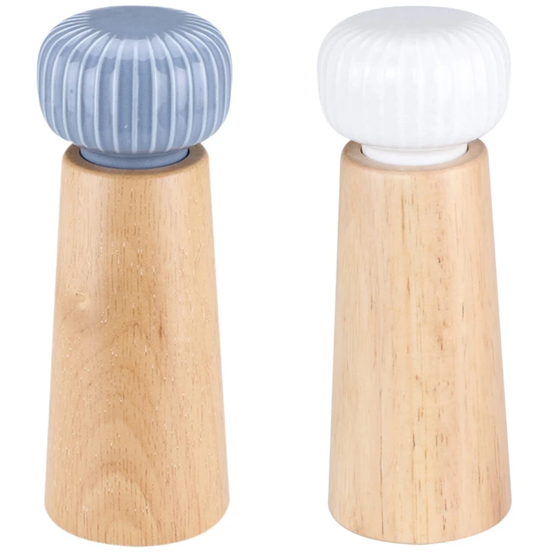 

2PCS Salt And Pepper Mill, Wood Pepper Shakers With Strong Adjustable Ceramic Grinder With Ceramic Rotor, Grey & White