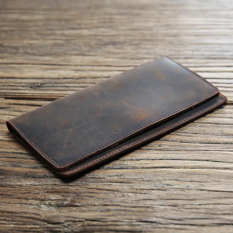 Genuine Leather Wallet For Men Vintage Crazy Horse Long Bifold Slim Men's Purse Checkbook Wallet Cash With ID Window Card Holder