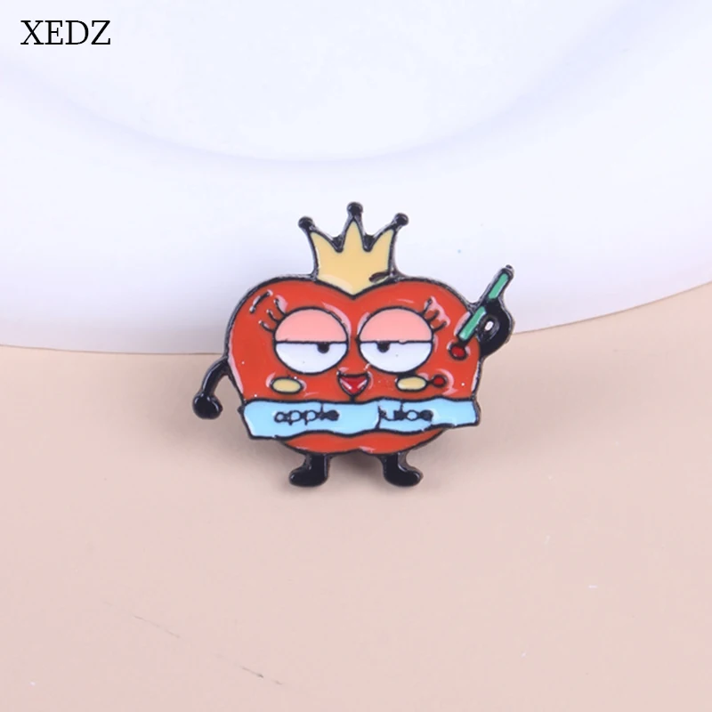 

XEDZ Cute Fun Crown Apple Enamel Brooch Creative Fun Red Heart Metal Badge Punk Clothing Jewelry Accessories Gift Lapel Pins