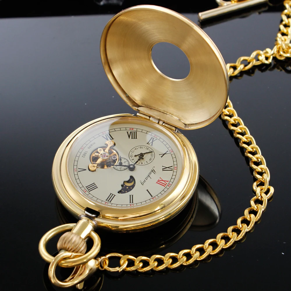 Deluxe Gold Flywheel Mechanical Automatic Chord Pocket Watch Roman Digital Skull Dial Pendant Automatic Antique Clock Gift