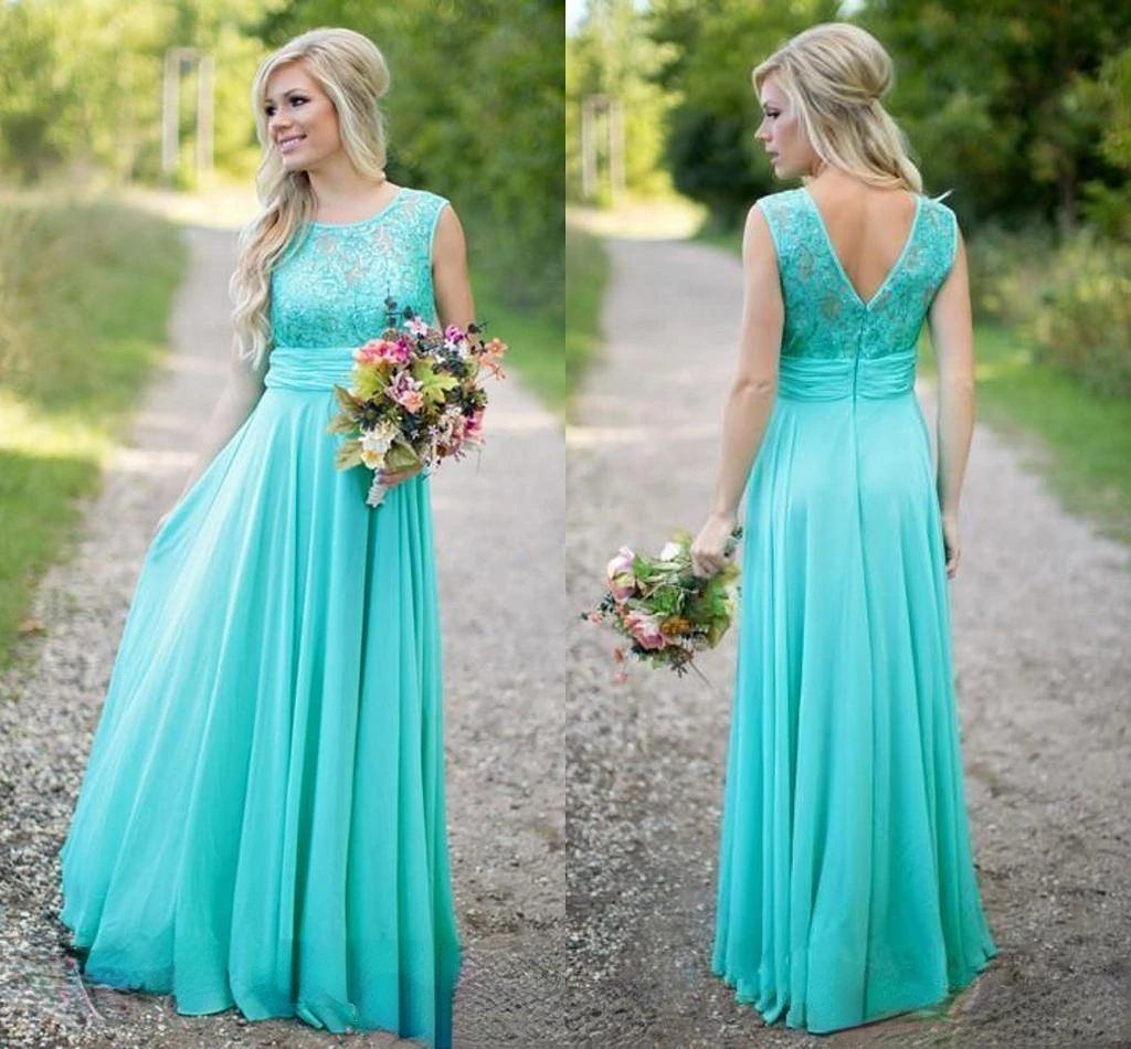 

New Teal Country Bridesmaid Dresses Scoop A Line Chiffon Lace V Backless Long Cheap Bridesmaids Dresses for Wedding BA1513