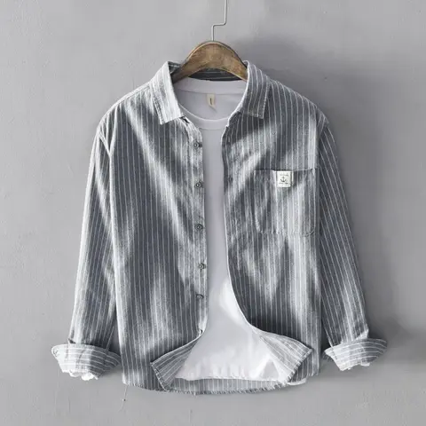 Рубашка мужская хлопковая в полоску, Модная приталенная блуза в стиле K-POP, Свободная Повседневная блуза с квадратным вырезом, на пуговицах, с длинными рукавами и карманами