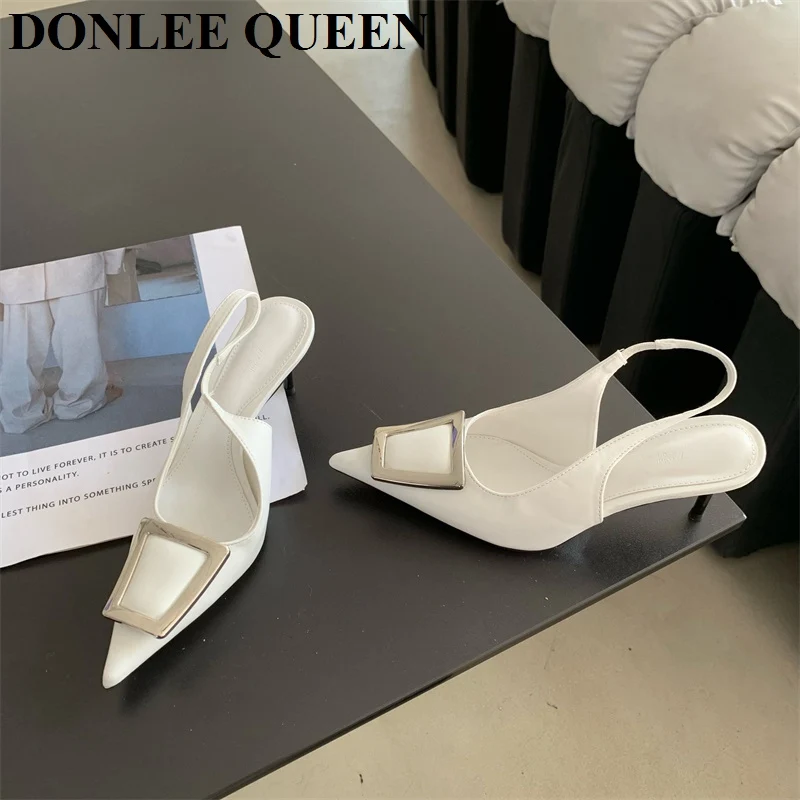 Fashion High Heel Shoes Women Slingback Sandals Female Pointed Toe Elegant Pumps For Party Shoes Brand Buckle Slip On Mule Mujer