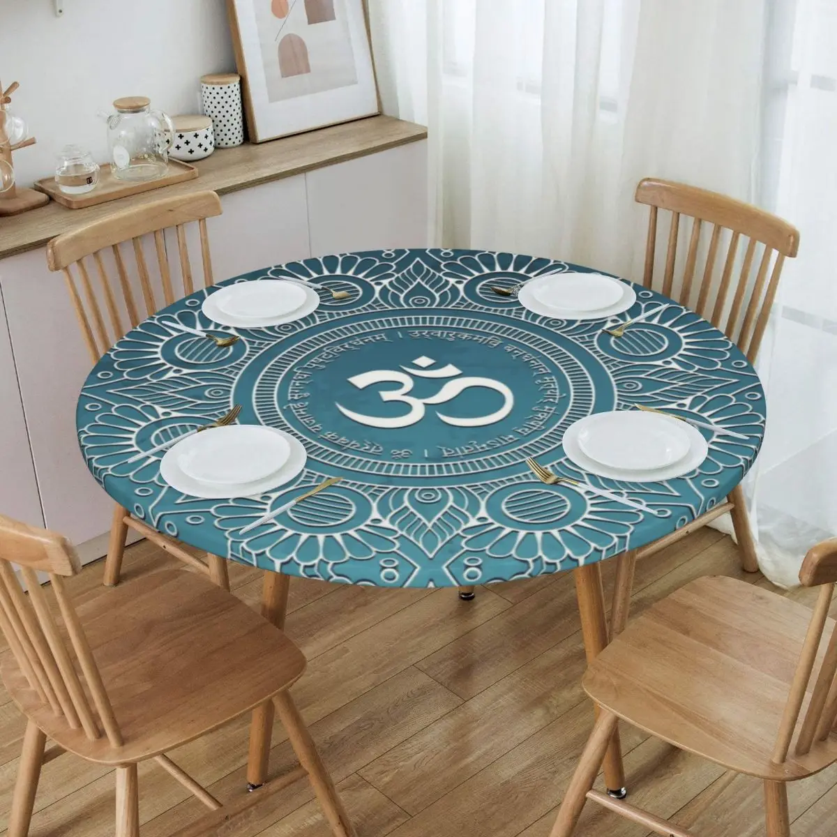 

Oilproof Maha Mantra Table Cover Elastic Fitted Om Yoga Mandala Buddhism Aum Table Cloth Backed Edge Tablecloth for Picnic