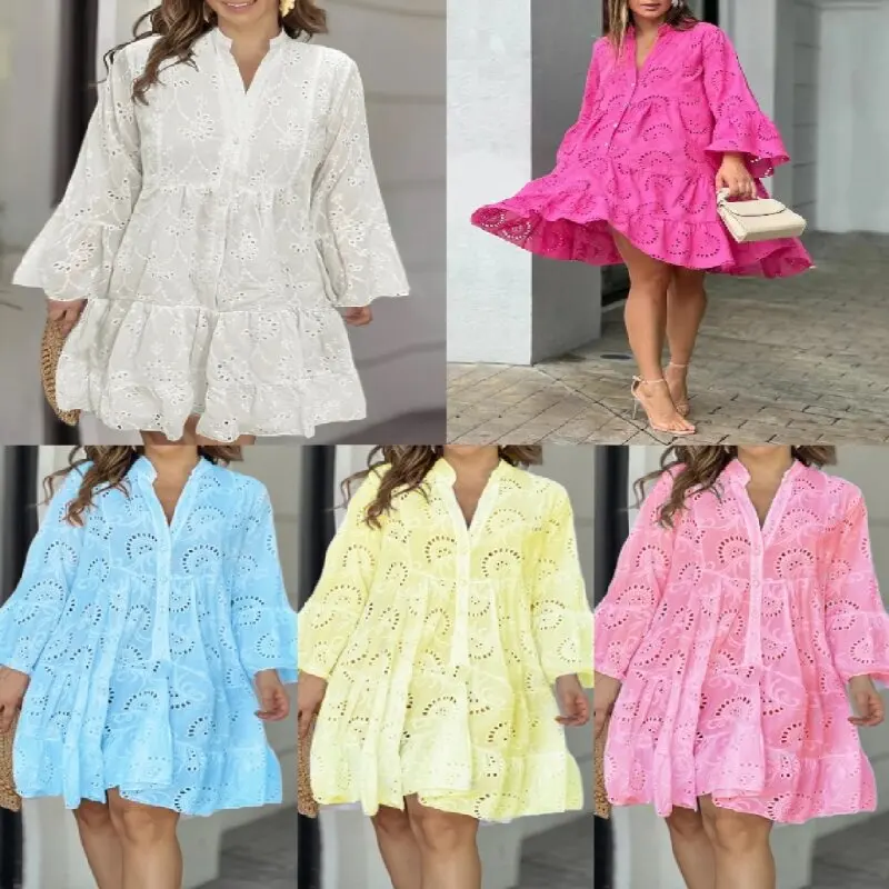 

Women New Spring/Summer Dress Solid V-Neck Loose Embroidered Hollow Lace Sexy Long Sleeve Dress Elegant Fashion Shirt Long Dress