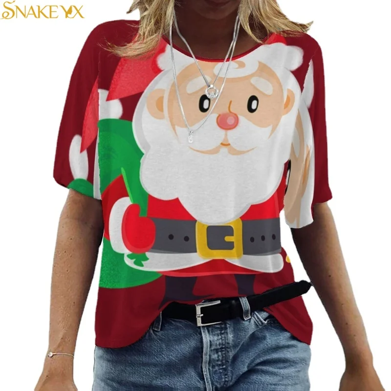 

SNAKE YX Christmas Costume Women Santa Claus Print Crew Neck Short Sleeve Top Soft and Comfortable