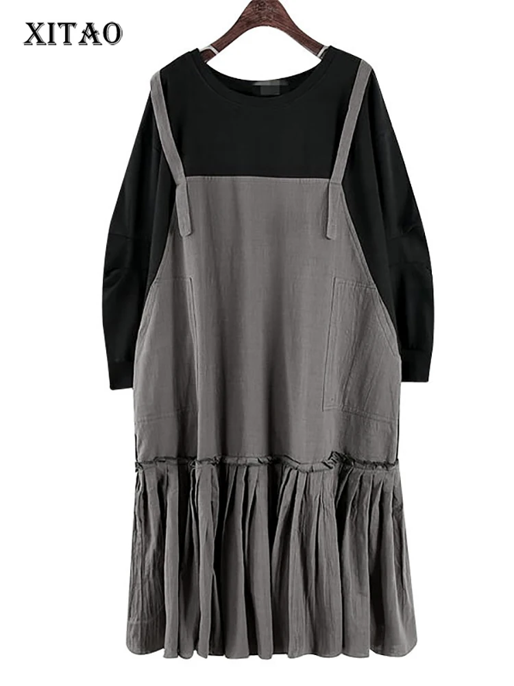 

XITAO, имитация двух предметов, хит разноцветное платье, модное корейское свободное платье для живота, женская одежда, 2022, wqr40%