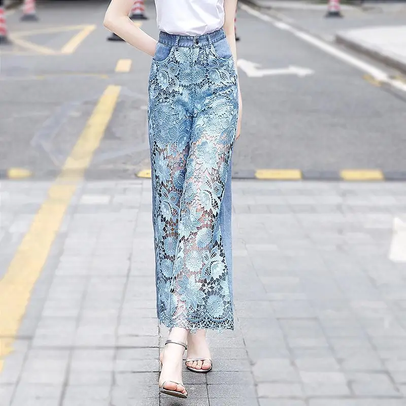 

Hikigawa 2023 Spring Lace Patchwork High Waist Women Pants Chic Fashion Harajuku Loose Trousers Sexy Hollow Out Pantalones
