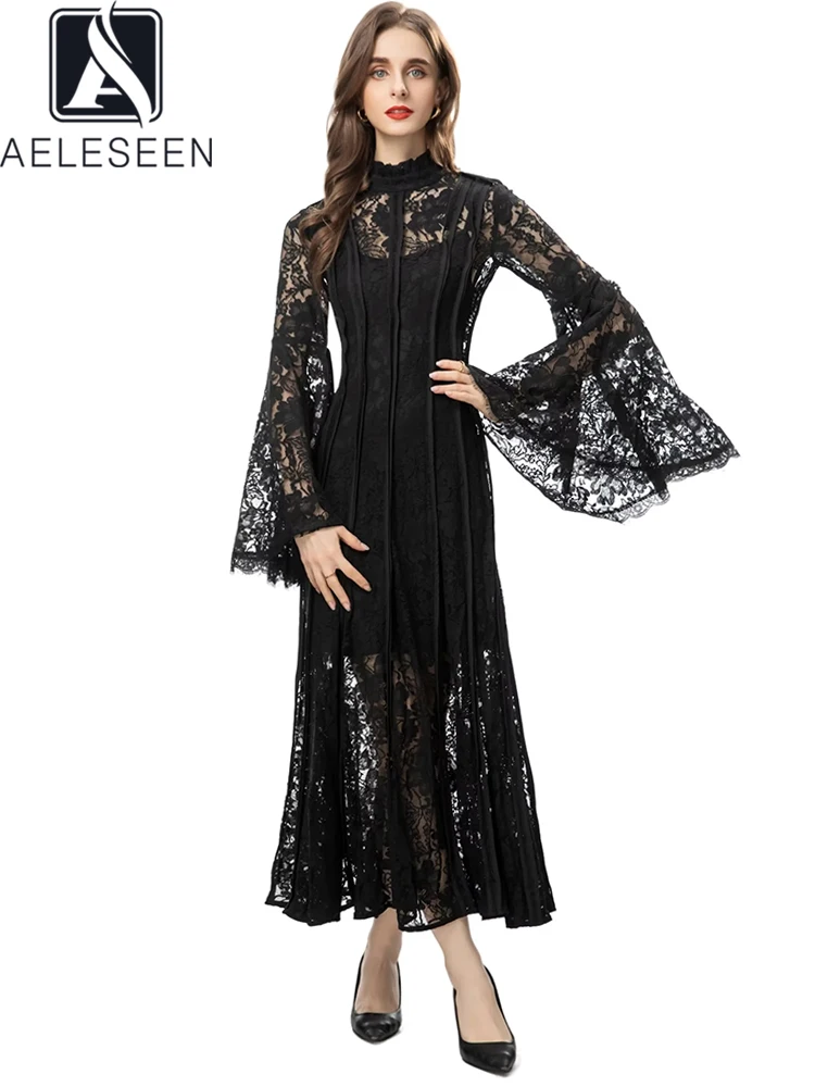 

Женское кружевное платье AELESEEN, черное элегантное платье с расклешенными рукавами и цветочной вышивкой розового и белого цвета