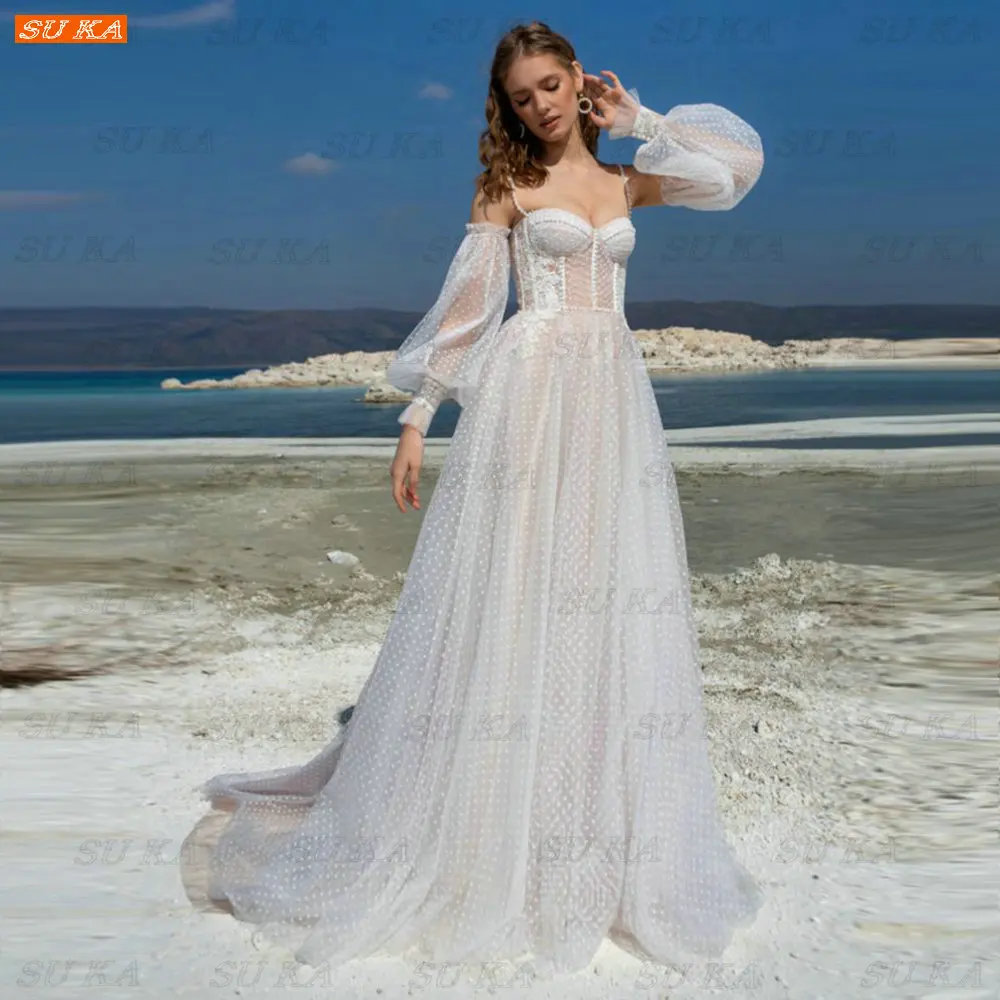 

Bohemian Ivory Wedding Dress 2022 Robe De Mariée Princesse A Line Tulle Appliqued Bride Dresses Long Puff Sleeves Abito Da Sposa