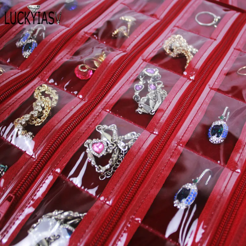 Travel Jewelry Case Roll Bag Organizer for Necklace Bracelet Earrings Ring 15/31/40/56 Zipped Grids with PVC Cover Burgundy