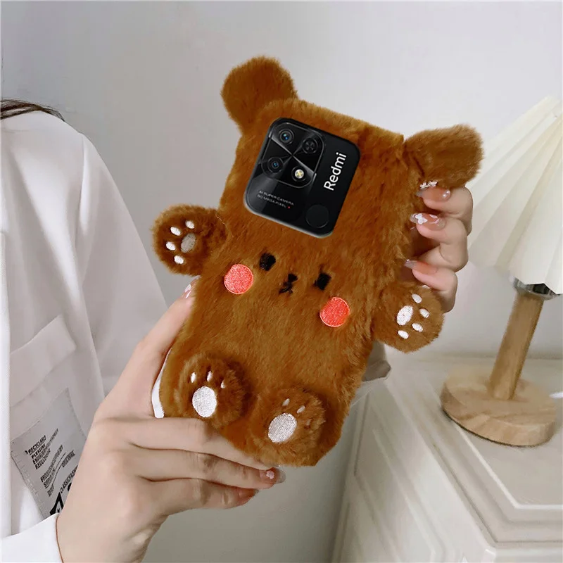 

Cute Bear Fur Phone Case For Xiaomi 12T 11T Redmi 10C 9C 10 Redmi Note 12 11 11s POCO X3 M3 M4 X5 Pro 5G Poco F5 M5 Fluffy Cover