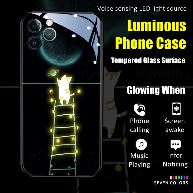 

Пары Луна и кот светодиодный светящийся чехол из закаленного стекла для телефона Samsung S21 S22 S23 Note 10 20 A14 A54 A73 Plus Ultra