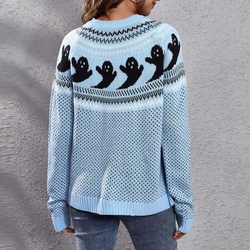 

Elastic Women Sweater Cozy Halloween Sweaters Women's Cartoon Ghost Print Knitted Pullovers with Hollow Out Design for Autumn