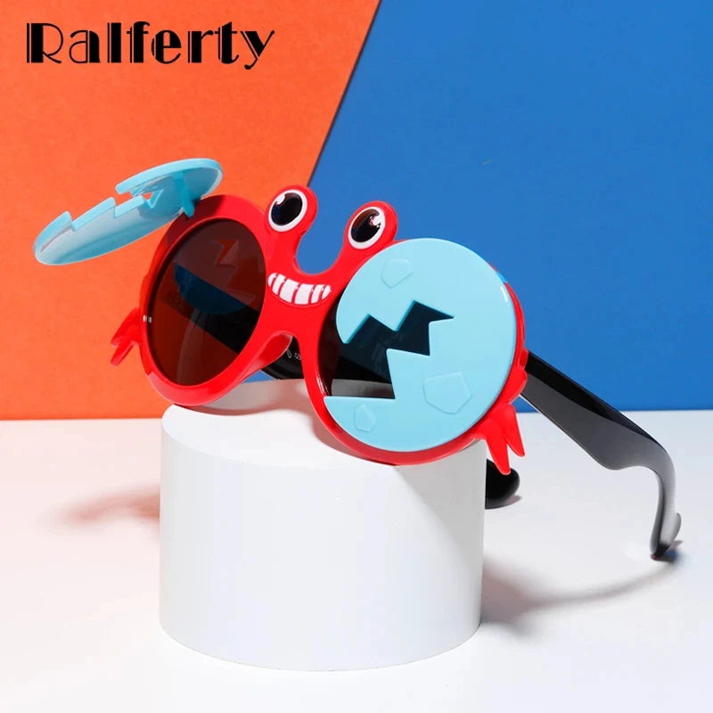 Ralferty Cool Baby Kids Sunglasses Girls Boys Cartoons Crab Flip Up Sun Glasses Funny Child Shades Unbreakable Soft Frame Oculo