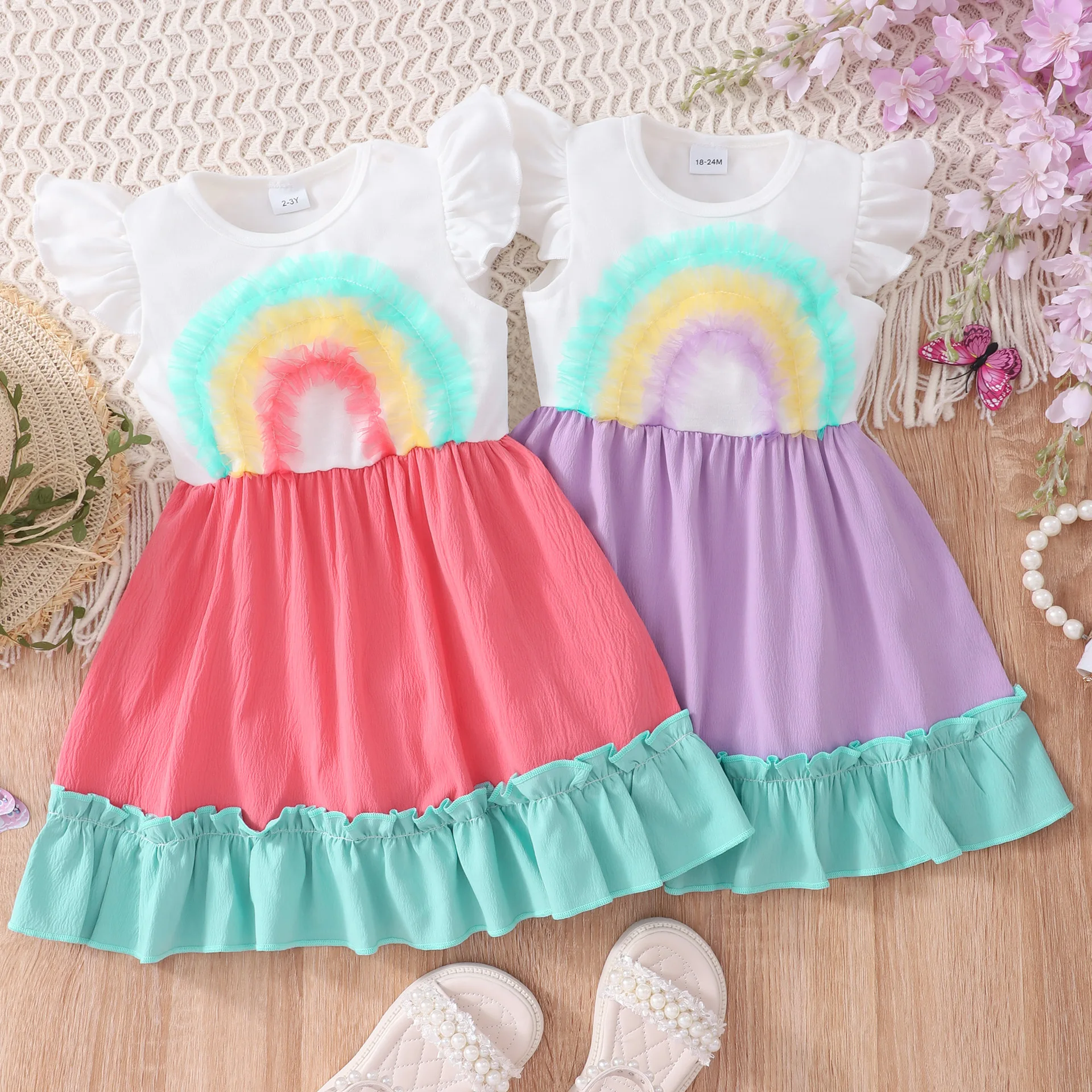 

2023 Summer New Arrival Girls Sleeveless O Neck Ruffles Rainbow Mesh Purple Designer Cute Party Dress Custume 18M-8T