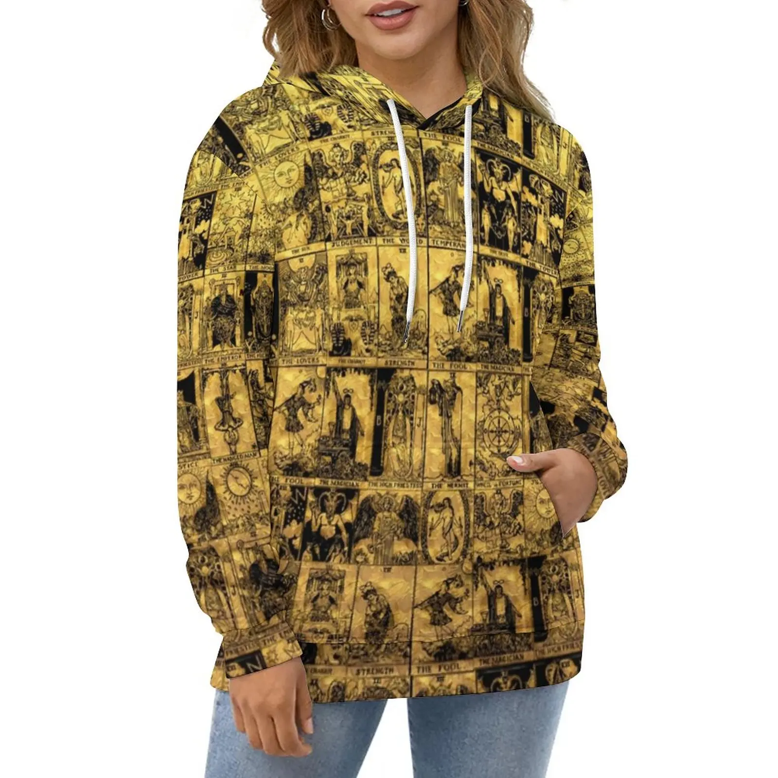 

Gold And Black Tarot Hoodies Long Sleeve Major Arcana Print Elegant Casual Hoodie Street Wear Oversized Loose Hooded Sweatshirts